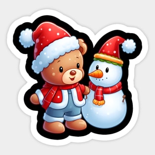 Cute Christmas Bear and his Snowman Kawaii Sticker